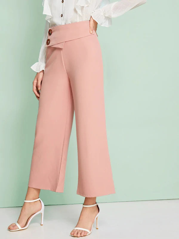 CM-BS718626 Women Casual Seoul Style High Waist Button Detail Wide Leg Pants - Pink