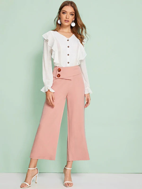 CM-BS718626 Women Casual Seoul Style High Waist Button Detail Wide Leg Pants - Pink