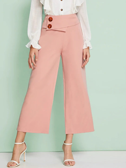 CM-BS718626 Women Casual Seoul Style High Waist Button Detail Wide Leg Pants - Pink