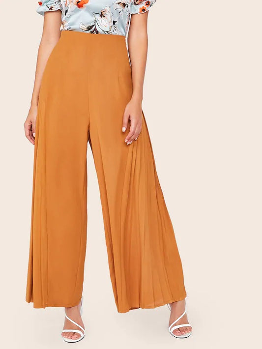 CM-BS703265 Women Trendy Seoul Style High Waist Pleated Panel Wide Leg Pants - Orange