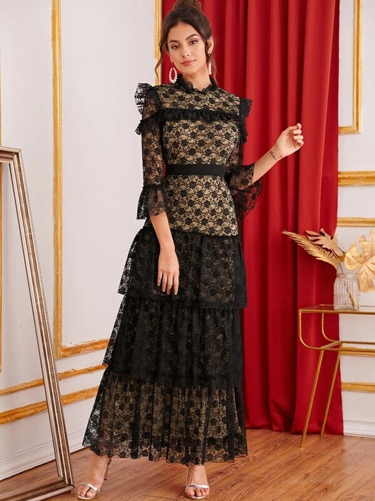 CM-DS625366 Women Elegant Seoul Style Ruffle Trim Tiered Layered Hem Lace Dress - Black