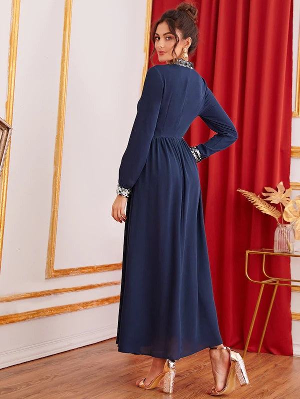 CM-DS703547 Women Elegant Seoul Style Long Sleeve Sequin Patched Fit And Flare Long Dress - Navy Blue