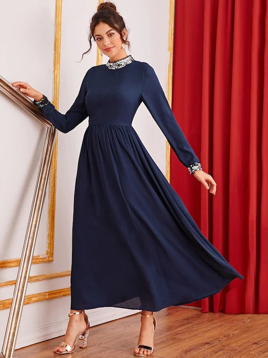 CM-DS703547 Women Elegant Seoul Style Long Sleeve Sequin Patched Fit And Flare Long Dress - Navy Blue