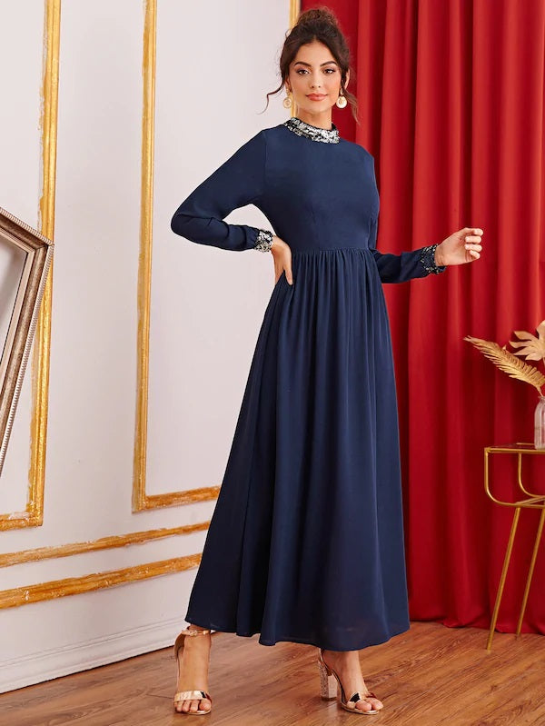 CM-DS703547 Women Elegant Seoul Style Long Sleeve Sequin Patched Fit And Flare Long Dress - Navy Blue