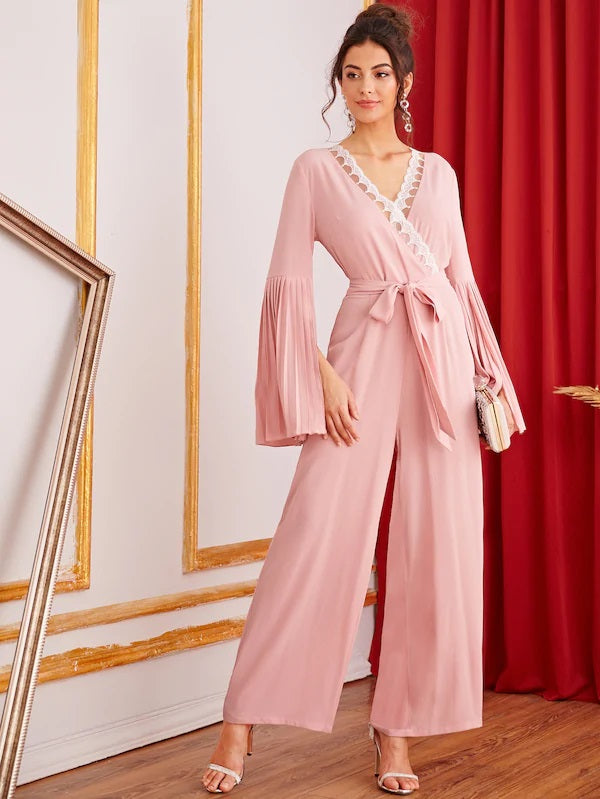 CM-JS621090 Women Casual Seoul Style Embroidered Mesh Surplice Neck Split Bell Sleeve Jumpsuit - Pink
