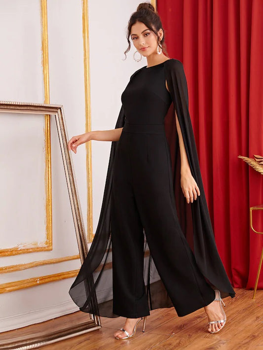 CM-JS625983 Women Elegant Seoul Style Sleeveless Keyhole Back Cape Palazzo Jumpsuit - Black
