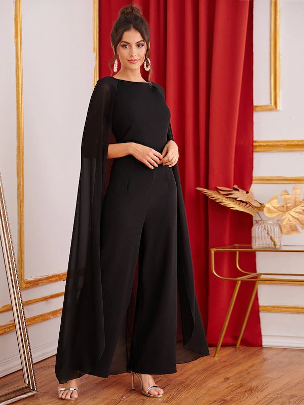 CM-JS625983 Women Elegant Seoul Style Sleeveless Keyhole Back Cape Palazzo Jumpsuit - Black