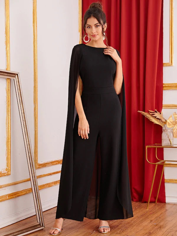 CM-JS625983 Women Elegant Seoul Style Sleeveless Keyhole Back Cape Palazzo Jumpsuit - Black