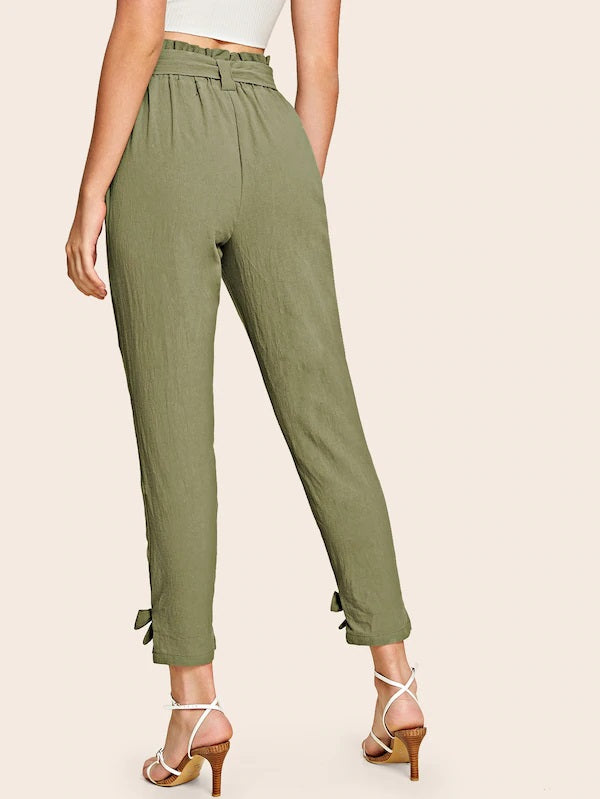 CM-BS718211 Women Casual Seoul Style High Waist Bow Hem Paperbag Waist Belted Pants - Army Green