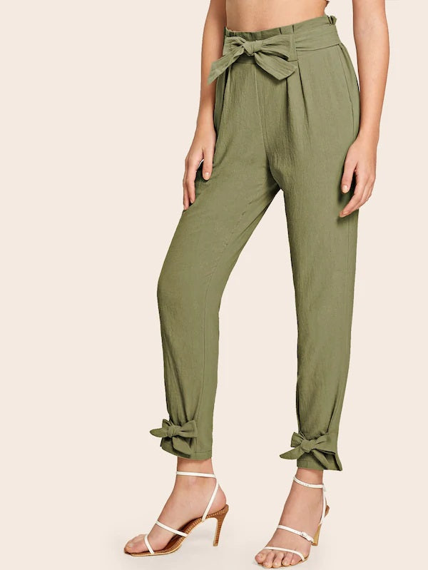 CM-BS718211 Women Casual Seoul Style High Waist Bow Hem Paperbag Waist Belted Pants - Army Green