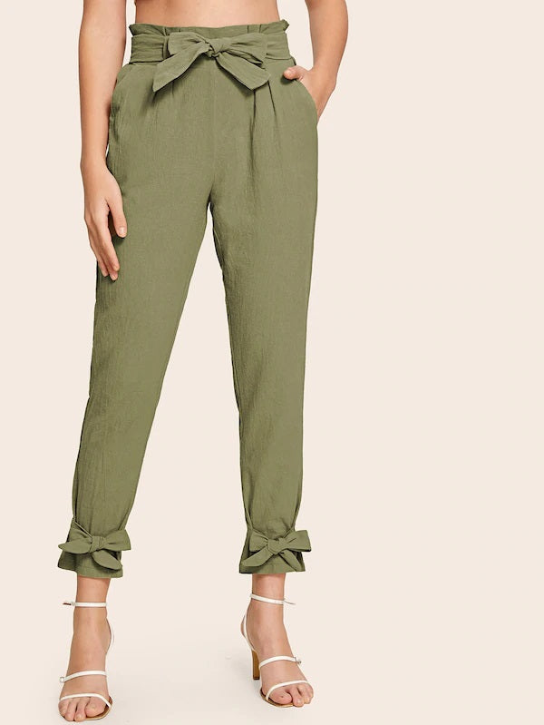 CM-BS718211 Women Casual Seoul Style High Waist Bow Hem Paperbag Waist Belted Pants - Army Green