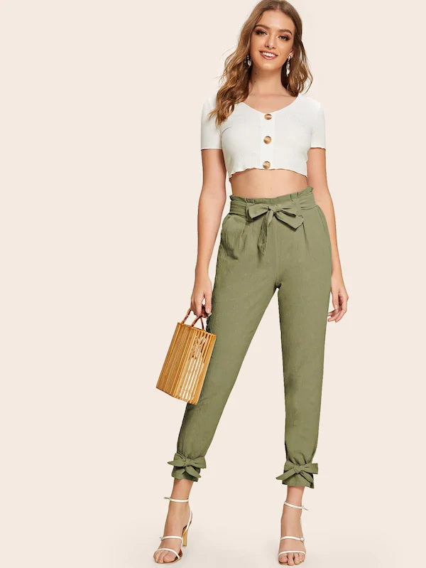 CM-BS718211 Women Casual Seoul Style High Waist Bow Hem Paperbag Waist Belted Pants - Army Green