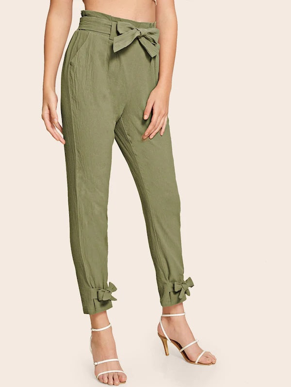 CM-BS718211 Women Casual Seoul Style High Waist Bow Hem Paperbag Waist Belted Pants - Army Green