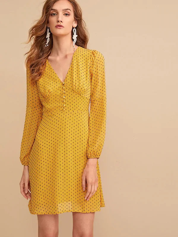 CM-DS719975 Women Trendy Seoul Style V-Neck Embroidered Button Front Dress - Yellow
