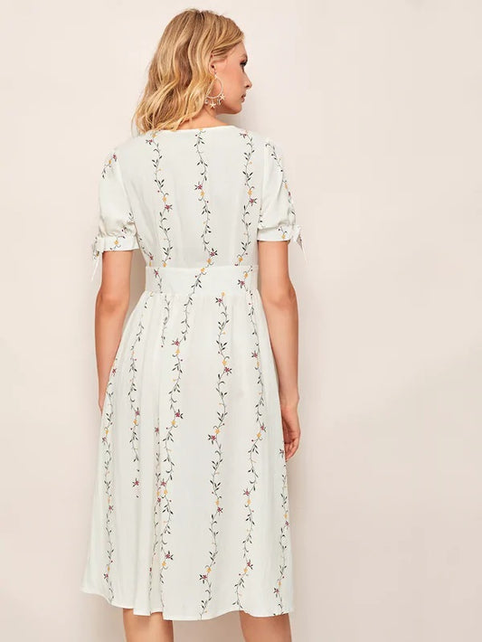 CM-DS719045 Women Casual Seoul Style Ditsy Floral V-Neck Button Front Knot Cuff Dress - Beige