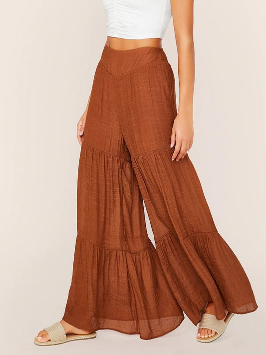 CM-BS705178 Women Casual Seoul Style High Waist Layered Ruffle Hem Super Palazzo Pants - Brown