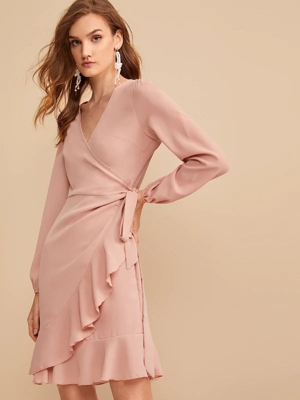 CM-DS719106 Women Elegant Seoul Style Long Sleeve Tie Side Flounce Trim Wrap Dress - Pink