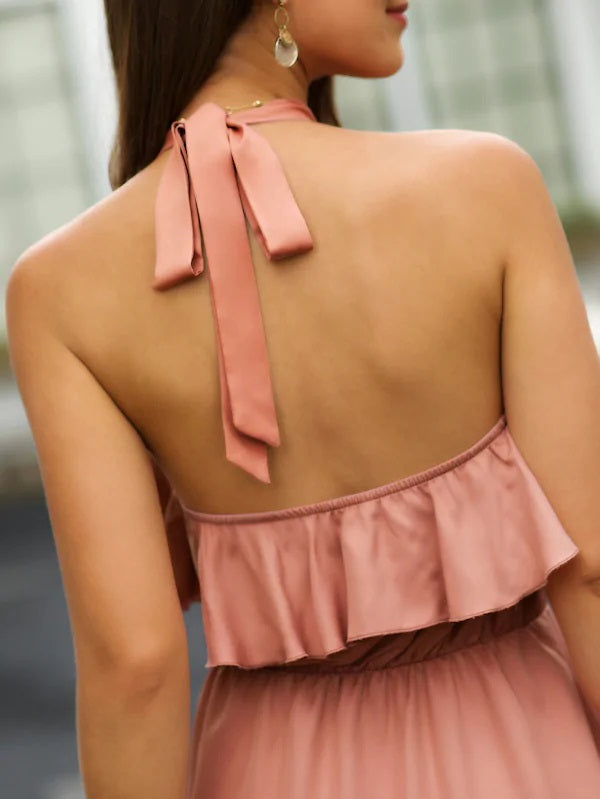 CM-DS719519 Women Elegant Seoul Style Tie Back Backless Hanky Hem Halter Dress - Pink