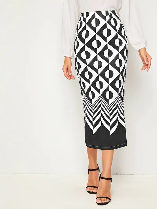 CM-BS722242 Women Elegant Seoul Style Geometric Print Zip Back Split Skirt - Black