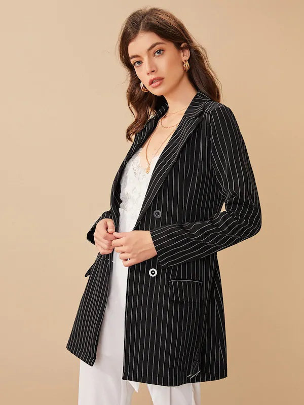 CM-CS627136 Women Elegant Seoul Style Long Sleeve Striped Double Button Belted Blazer - Black