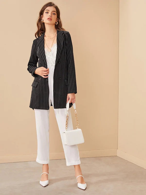 CM-CS627136 Women Elegant Seoul Style Long Sleeve Striped Double Button Belted Blazer - Black