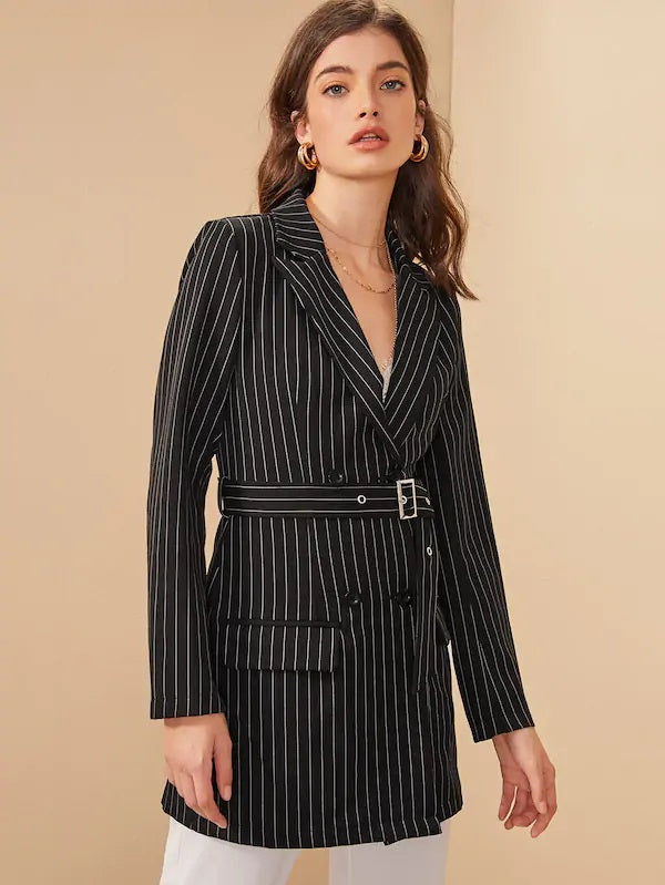 CM-CS627136 Women Elegant Seoul Style Long Sleeve Striped Double Button Belted Blazer - Black