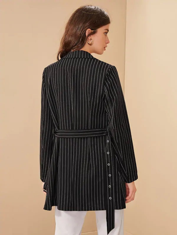 CM-CS627136 Women Elegant Seoul Style Long Sleeve Striped Double Button Belted Blazer - Black