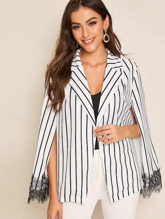 CM-CS702432 Women Elegant Seoul Style Notch Neck Eyelash Lace Trim Striped Cape Blazer