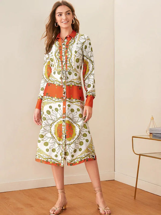 CM-DS709217 Women Casual Seoul Style Long Sleeve Scarf Print Tie Front Shirt Midi Dress