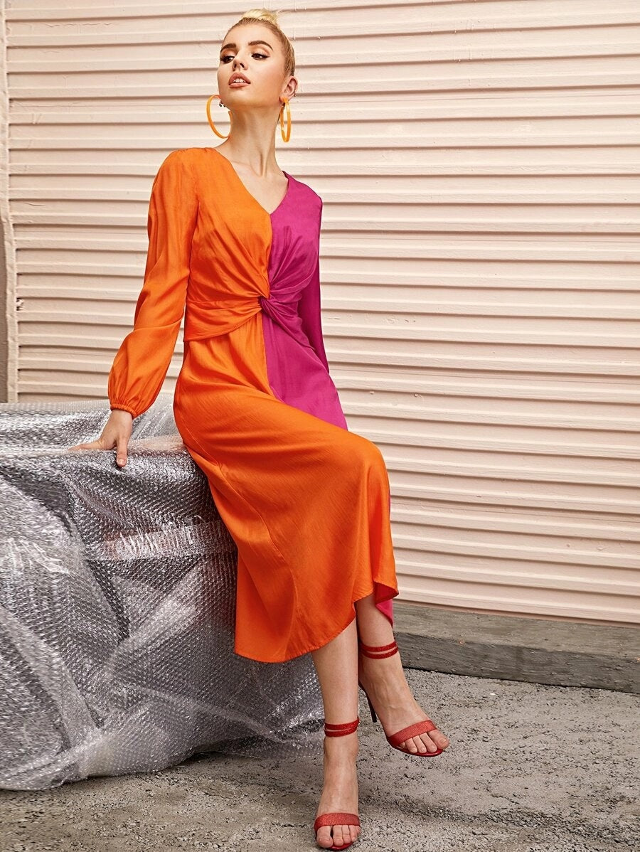 CM-DS710557 Women Elegant Seoul Style V-Neck Lantern Sleeve Twist Front Two Tone A-Line Dress