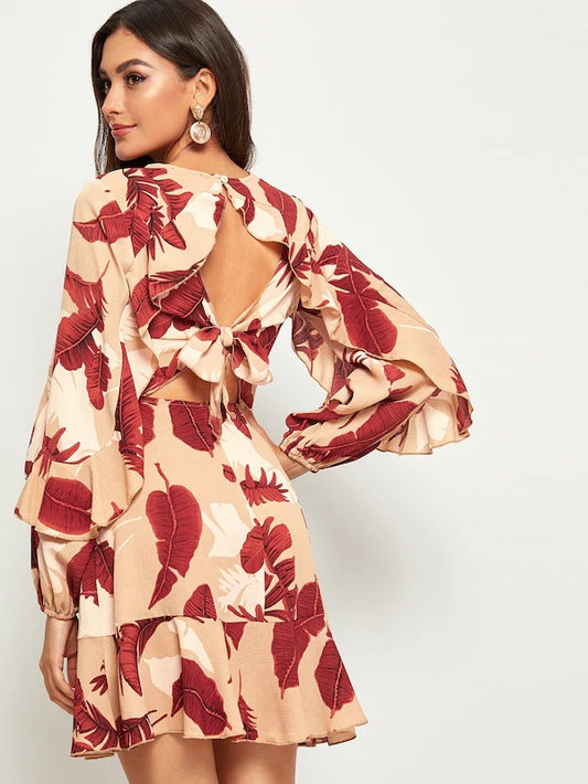 CM-DS715989 Women Elegant Seoul Style Tropical Print Tied Cutout Back Ruffle Trim Dress