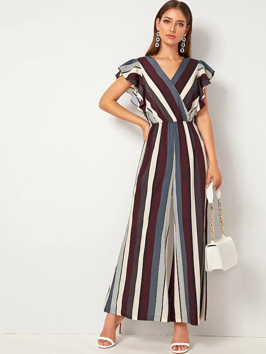 CM-JS618204 Women Casual Seoul Style Sleeveless Striped Ruffle Armhole Wide Leg Jumpsuit