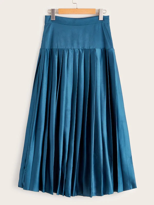 CM-BS618519 Women Elegant Seoul Style Mid Waist Zip Side Solid Pleated Satin Skirt - Blue