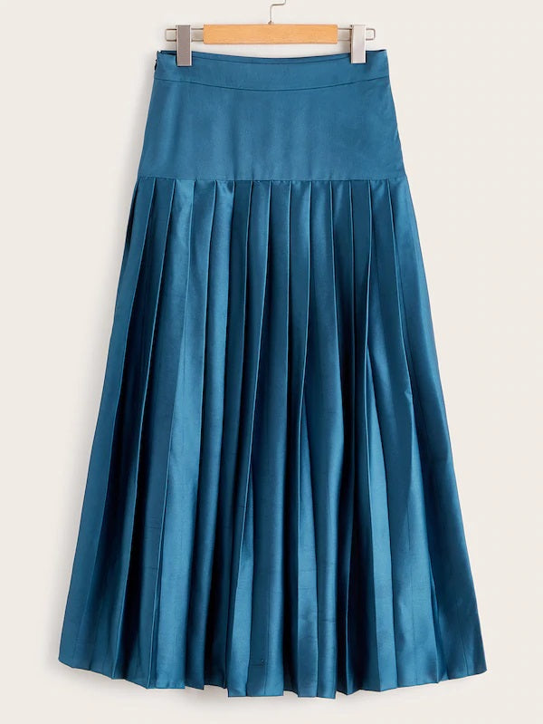 CM-BS618519 Women Elegant Seoul Style Mid Waist Zip Side Solid Pleated Satin Skirt - Blue