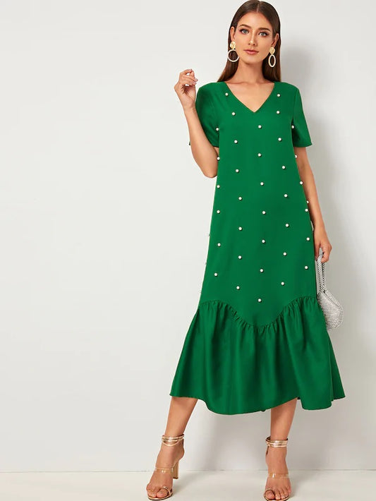 CM-DS722852 Women Casual Seoul Style Short Sleeve Pearl Beaded Ruffle Hem Dress - Green