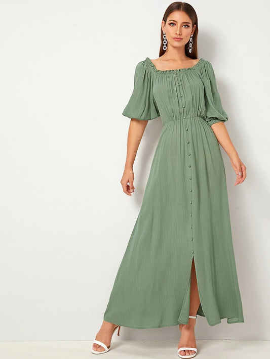 CM-DS722864 Women Casual Seoul Style Puff Sleeve Frill Trim Button Front Split Long Dress - Green