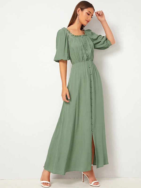 CM-DS722864 Women Casual Seoul Style Puff Sleeve Frill Trim Button Front Split Long Dress - Green