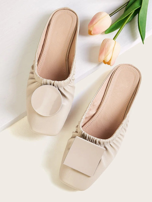 CM-SHS722447 Women Casual Seoul Style Asymmetrical Ruched Detail Flat Mules - Apricot