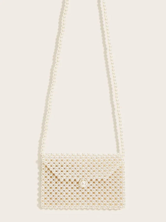 CM-BGS717047 Women Elegant Seoul Style Faux Pearl Beaded Flap Crossbody Bag - White