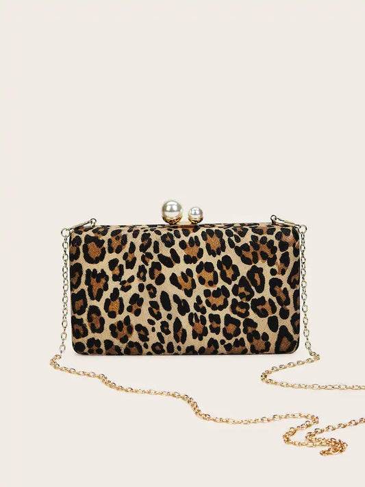 CM-BGS723398 Women Elegant Seoul Style Leopard Print Faux Pearl Decor Clutch Bag