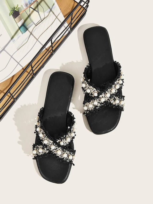 CM-SHS723150 Women Casual Seoul Style Faux Pearl Decor Tweed Flat Sliders - Black