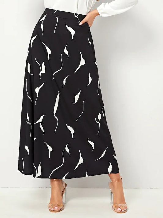 CM-BS724386 Women Casual Seoul Style High Waist Abstract Print Flared Maxi Skirt - Black