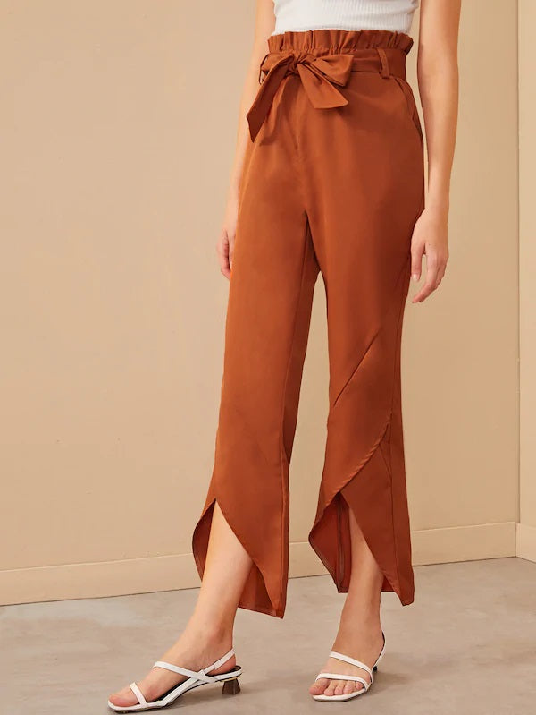 CM-BS724321 Women Trendy Seoul Style High Waist Petal Hem Paperbag Waist Belted Pants - Orange