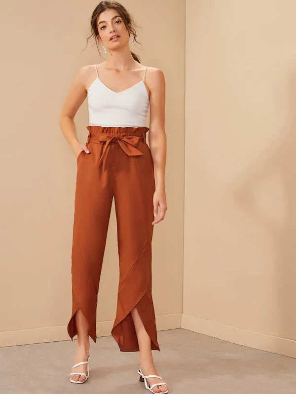 CM-BS724321 Women Trendy Seoul Style High Waist Petal Hem Paperbag Waist Belted Pants - Orange