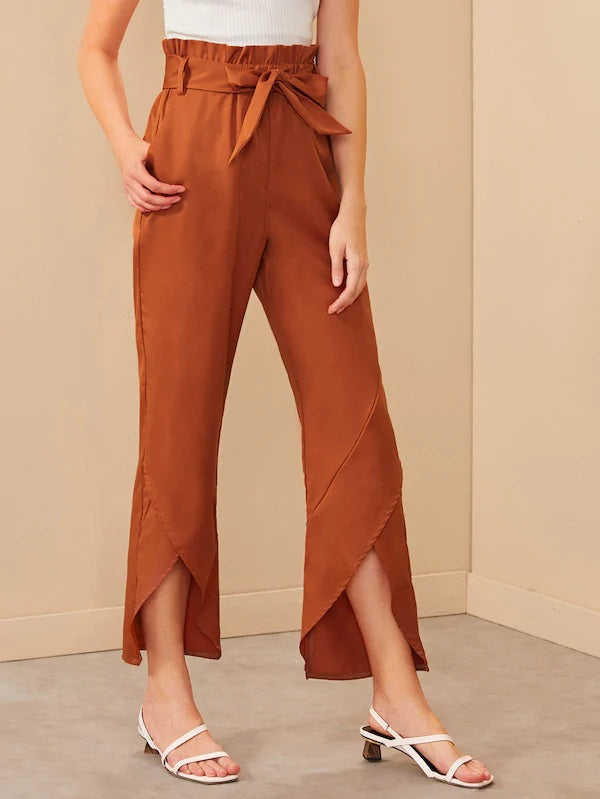 CM-BS724321 Women Trendy Seoul Style High Waist Petal Hem Paperbag Waist Belted Pants - Orange