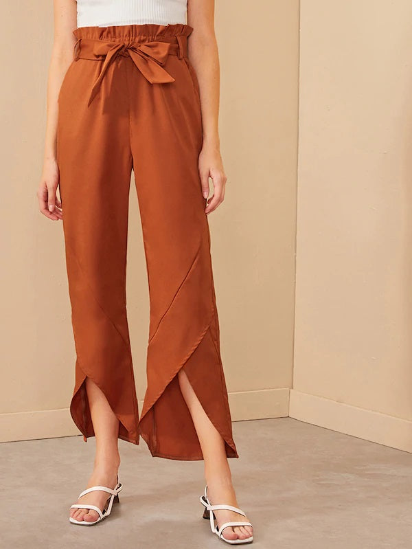 CM-BS724321 Women Trendy Seoul Style High Waist Petal Hem Paperbag Waist Belted Pants - Orange