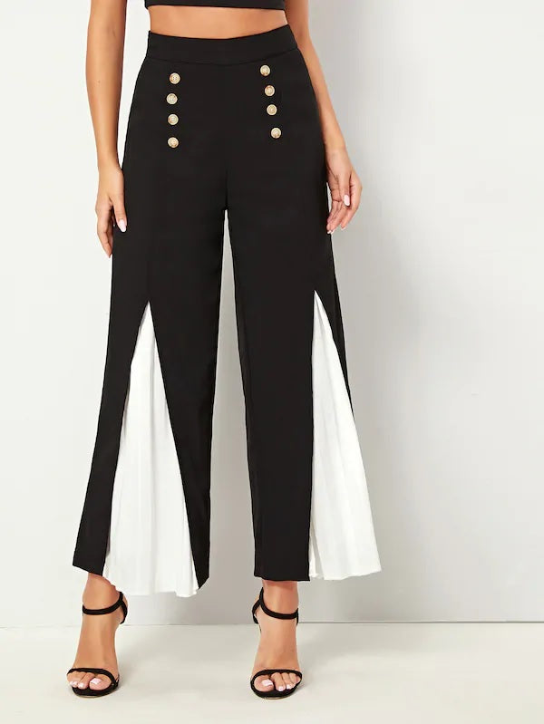 CM-BS724334 Women Elegant Seoul Style High Waist Contrast Panel Wide Leg Pants - Black