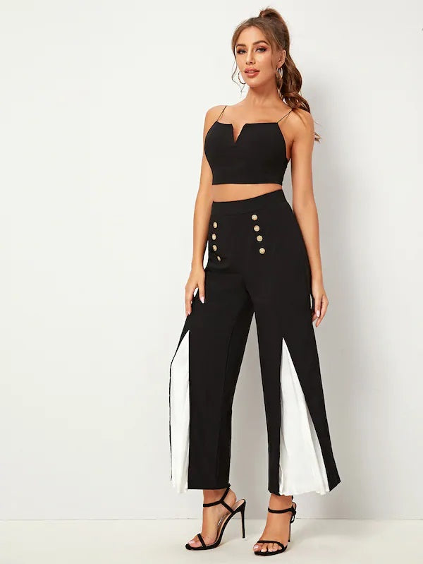 CM-BS724334 Women Elegant Seoul Style High Waist Contrast Panel Wide Leg Pants - Black