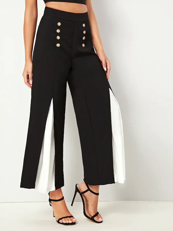 CM-BS724334 Women Elegant Seoul Style High Waist Contrast Panel Wide Leg Pants - Black