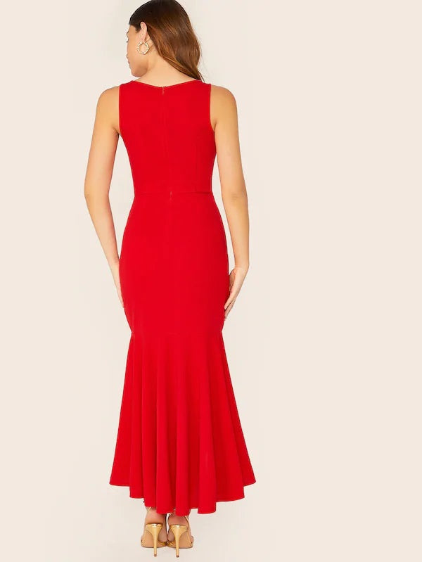 CM-DS715043 Women Elegant Seoul Style Crisscross Front Fishtail Hem Sleeveless Dress - Red